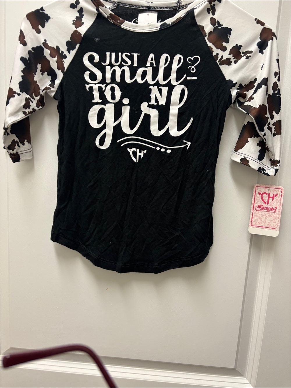 Kids 'Just a Small Town Girl' Black Raglan Tee with Cow Print Sleeves